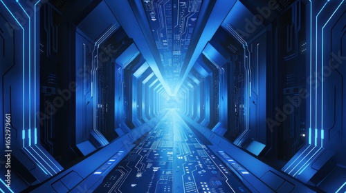 Blue circuit board background vector illustration. A futuristic digital tech corridor with glowing patterns, perfect abstract wallpaper for banners.