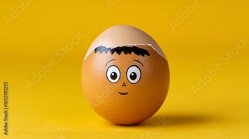 Wallpaper Mural Cartoon face is drawn on an egg. The egg is sitting on a yellow surface. The face is smiling and has big eyes Torontodigital.ca