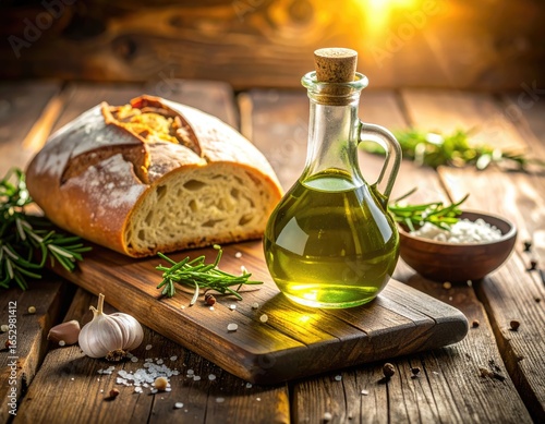 Rustic Still Life Artisan Bread Olive Oil Rosemary and Garlic on Wooden Table