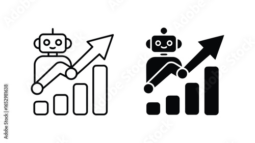 Friendly Robot Icon:  AI-Powered Growth,  Upward Trend,  Positive Progress,  Business Success,  Technology Advancement,  Data Visualization,  Line and Solid Versions.