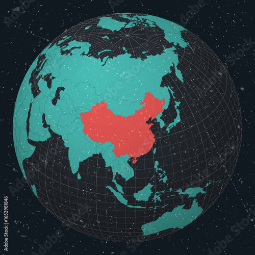 People's Republic of China on Globe. Vintage look with grunge scratched texture. Country view on world map in Dark Charcoal Turquoise color palette. China shape on map.