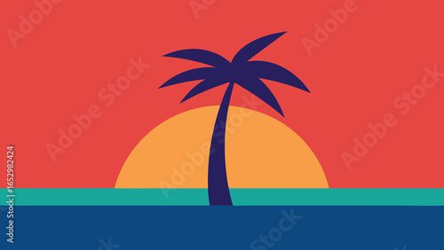 Single Palm Tree Silhouette Against a Sunset Over Water ocean transparency background