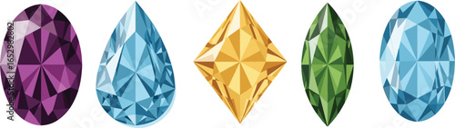 Vibrant collection of colorful gemstones in various shapes and cuts, including oval, teardrop, diamond, and marquise, isolated vector illustration