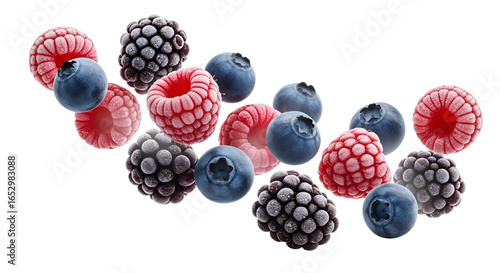 A mix of frozen raspberries, blueberries, and blackberries, levitating together. They are covered in a light frost, conveying coldness. High-detail  on a transparent background.