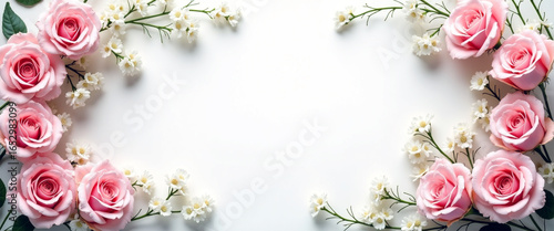 beautiful pink roses floral frame on white background