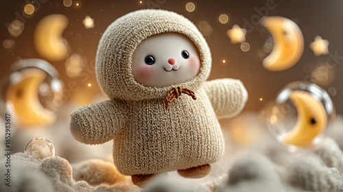 Wallpaper Mural Adorable Handmade Plush Doll Design Sweet Knitted Fantasy Character Nighttime Stars Moon Decoration Vibrant Pastel Colors Whimsical Cozy Soft Smiling Expression Childhood Imagination Gift Nursery Torontodigital.ca