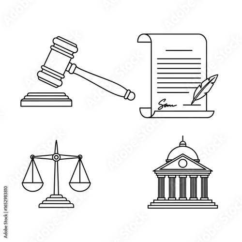 A collection of legal symbols including a gavel, scales of justice, a legal document with a quill, and a courthouse building.