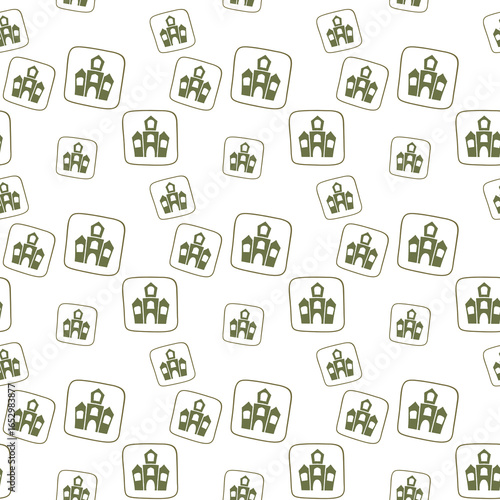Seamless pattern featuring hand drawn houses in white and green on transparency background, creating whimsical and cozy atmosphere. design is ideal for home decor or fabric prints