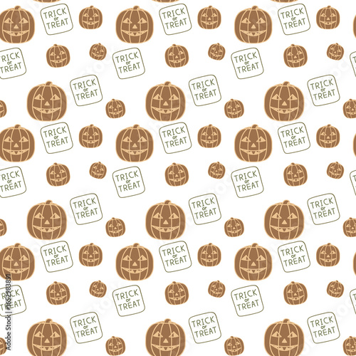 Seamless pattern featuring orange jack o lanterns and green Trick or Treat signs on transparency background, perfect for Halloween themed designs