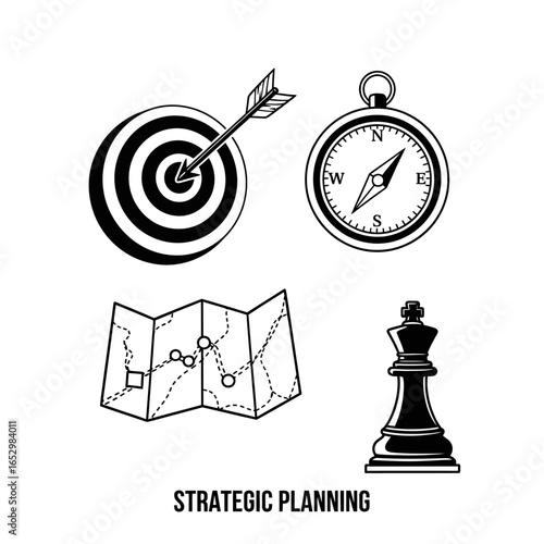 A set of four black and white icons representing strategic planning: a target, a compass, a map, and a chess king.