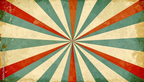 Retro sunburst background with radial stripes in a vintage style. Abstract graphic design with red and teal rays on a grunge textured paper.