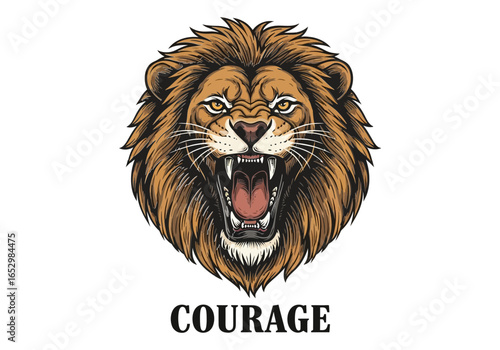 Fierce lion roaring with the word courage isolated on white background