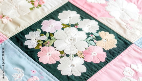 Detailed patchwork quilt with embroidered flowers