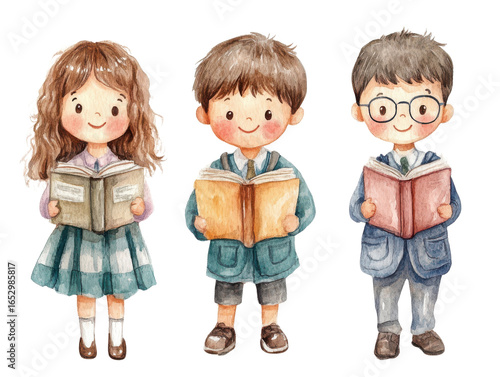 Three children are joyfully reading books, depicted watercolor style. illustration features girl and two boys, each holding book, with expressions of happiness and curiosity. children are dressed