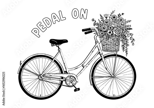 Vintage bicycle with a basket full of flowers, isolated on white background