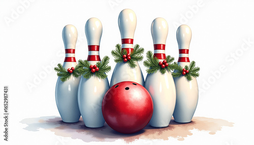 Festive bowling pins with garland and red bowling ball, holiday-themed decoration