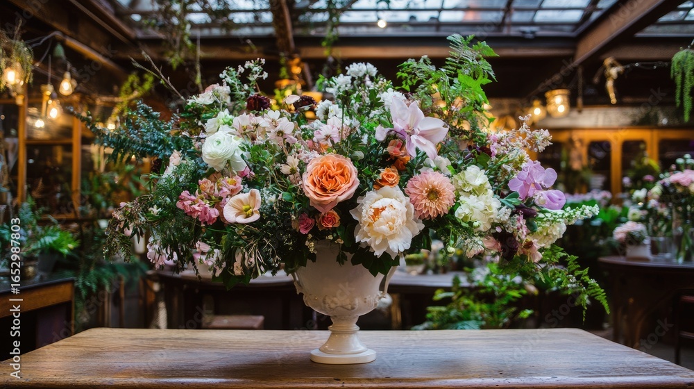 Fototapeta premium Lush Floral Arrangement in Ornate Vase on Wooden Table with Ambient Lighting