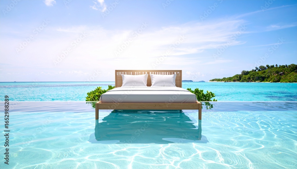 Fototapeta premium Cama sobre el mar, alegoria de descanso y calma