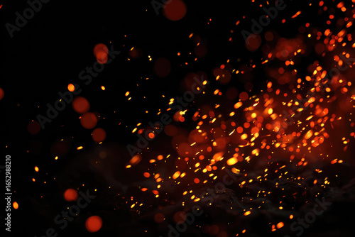Abstract isolated fiery glowing particles on a black background fly up. Fire sparks on a dark background. Fire Animation. Raging Campfire Flames. Flying Embers from fire