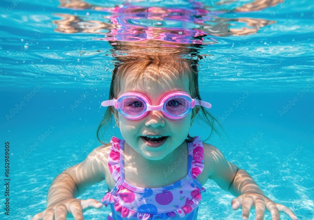 Naklejka premium Underwater shot of a smiling young girl wearing pink goggles and a swimsuit