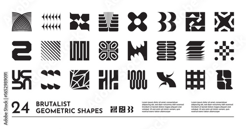 Abstract shapes. Logo graphic elements, brutal icon form or minimal y2k ornament set. Brutalist modern figures. Primitive style decorative geometric silhouettes. Vector simple contemporary design