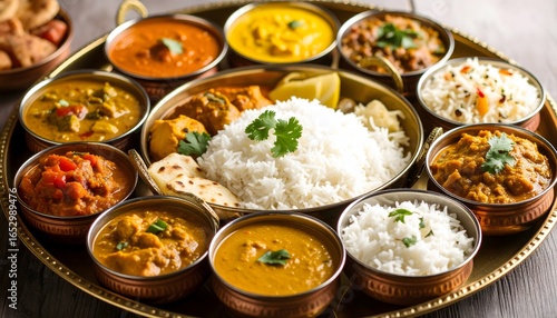 Traditional Indian Thali with Rice, Curries, and Assorted Sides