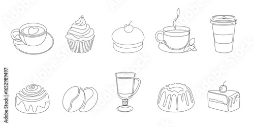 Bakery line art. Cafe food. Doodle baking croissant. Tea or coffee cup. Sweet dessert. Muffin and pie drawing. Hot beverage mug. Delicious confectionery. Vector outline cake elements set
