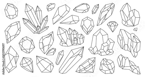 Crystal shape. 3d stone logo, hipster diamond gem art or mineral, polygon jewelry isolated composition. Triangle hexagon symbol. Outline stalagmites and stalactites sign. Vector line icons