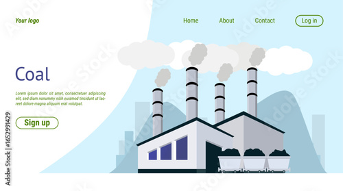 Power plant landing page. Coal generator turbine. Electricity production. Powerhouse with chimney. Website template. Fuel resource technology. Industrial construction. Vector background