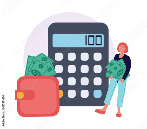 People with coins. Woman counting money with calculator. Girl holding dollar banknotes heap. Big wallet with cash. Finance profit. Investment success. Financial payment. Vector concept