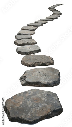 Serpentine stone pathway with irregular grey stepping stones curving into distance. Offers visual metaphor for journey, progress, discovery, unknown future. Isolated on white background, emphasizes