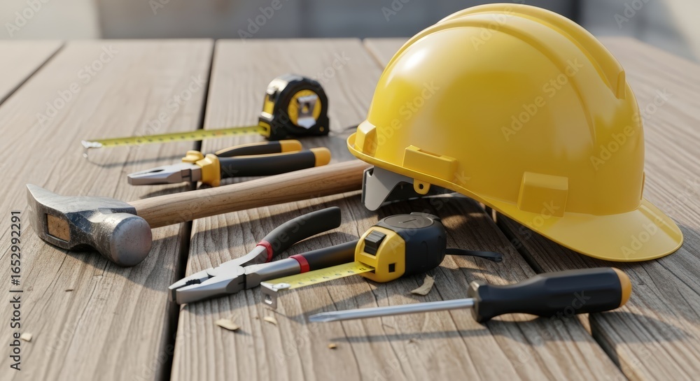 Fototapeta premium Builder's Toolkit: Yellow Hard Hat and Hand Tools on a Sunlit Wooden Surface