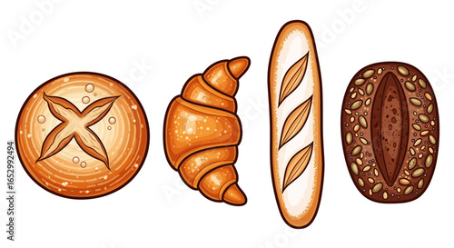 Fresh Baked Bread Variety Illustration with Round Loaves and Croissant