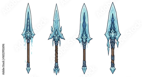 Four Fantasy Ice Spears on a Clean White Background