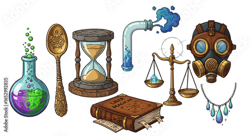 Whimsical Wizardry: Mystical Elements and Magical Artifacts Illustration on White Background