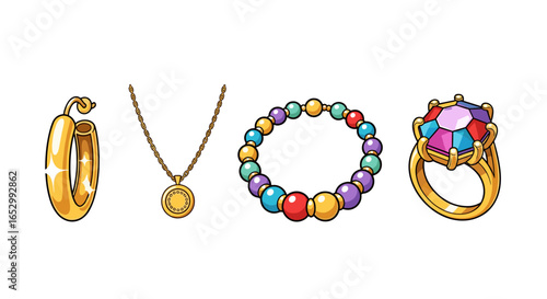 Collection of cartoon-style jewelry pieces isolated on white background