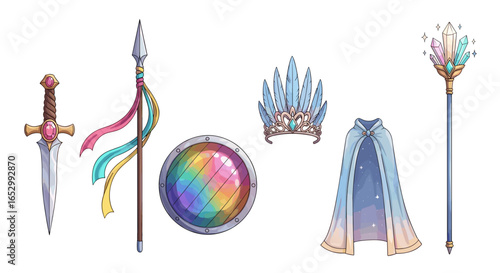 Fantastical Hero Equipment: A Sword, Spear, Shield, Crown, Cloak, and Staff