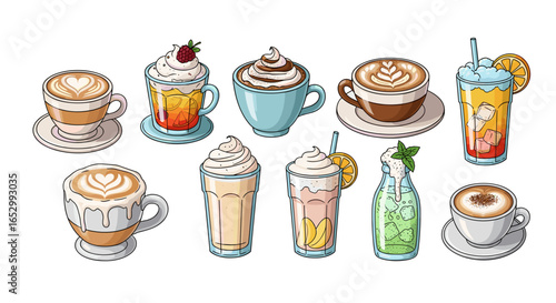 Delicious Beverages: A Colorful Cartoon Collection of Coffees and Refreshments