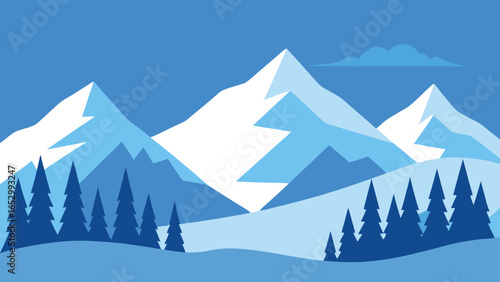 Stylized winter mountain landscape with snow-capped peaks and pine trees in flat design mountains nature transparency background