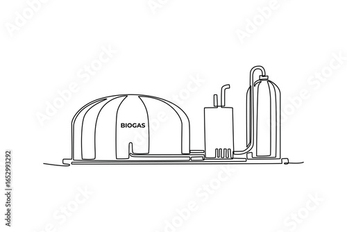 Biogas Energy Power Plant, Green Energy. Green Tech concept. Single line draw design. Vector graphic illustration