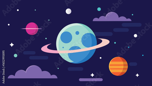 Teal Ringed Planet and Colorful Clouds in Space Flat Illustration planets stars transparency background