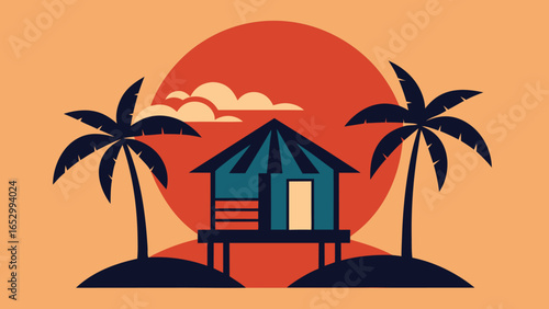 Tropical Beach Hut With Palm Trees And Sunset In Flat Design Style bungalow stilt transparency background