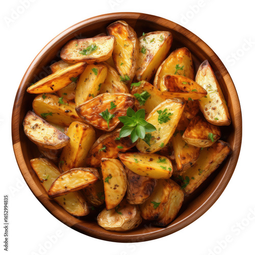 Crispy Roasted potato on brown bowl. Top view Isolated on white and transparent background.