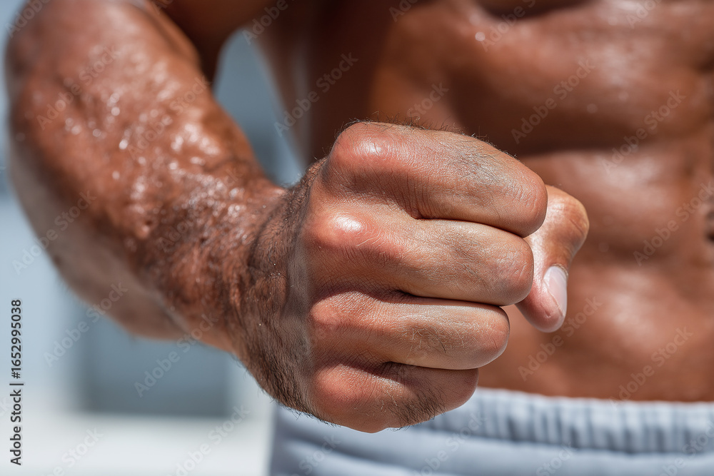 Fototapeta premium Muscular male fist clenched with visible veins and hair on forearm, showing strength and power with blurred torso background in natural light
