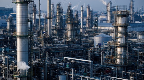 Wallpaper Mural A large industrial oil refinery with numerous pipes, tanks, and smokestacks emitting smoke. Torontodigital.ca