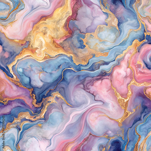 Abstract marble design with blended hues of pink. purple. blue. and gold. Abstract pattern with swirling forms and gold flecks. Background design for textile or surface pattern.