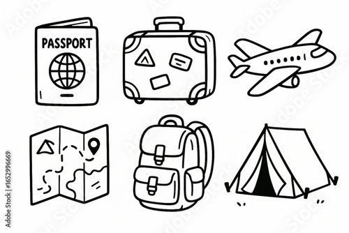Cute Travel and Adventure Doodle Icon Set in Hand Drawn Style