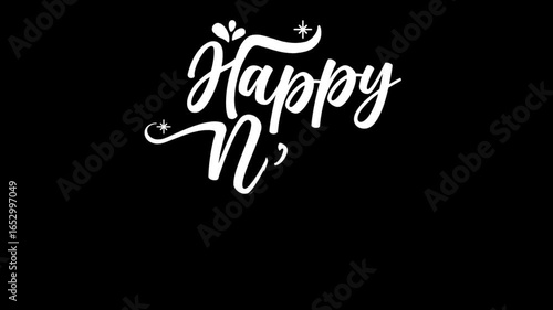 Animated Hand-Drawn Brush Script 'Happy New Year' Title with Alpha Channel for Transparent Background. Elegant Calligraphy Lettering with a Moving Brush Stroke Texture, Perfect for Holiday Greetings, 