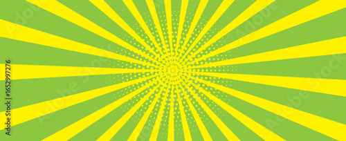 Sun ray light. Sun rays background. Radial burst. Sunburst green pattern isolated on yellow background. Beams line. Radiate sunlight. Comic effect texture. Retro pop art stripe. Vector illustration