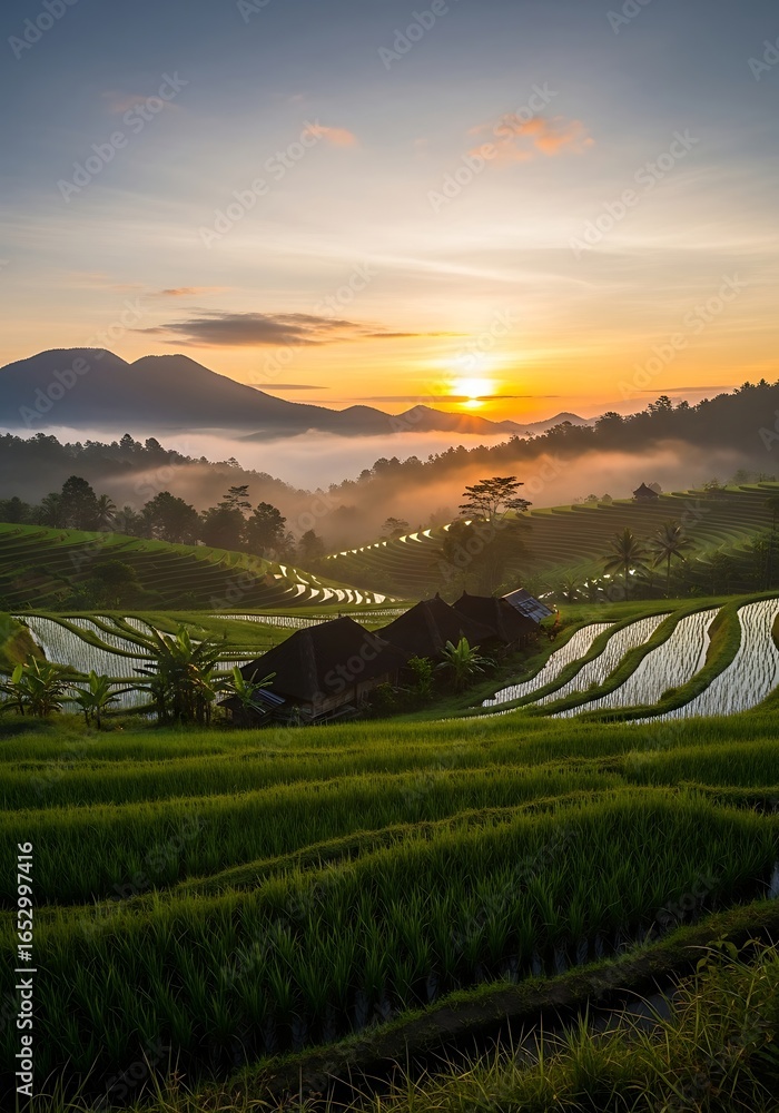 Naklejka premium Stunning Sunrise over Lush Rice Terraces.